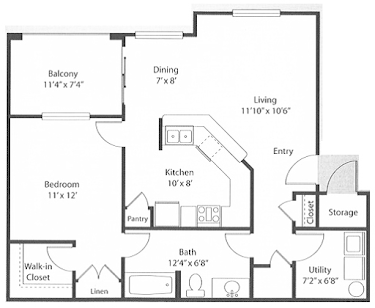 Floor plan for 1 bed, 1 bath, 785 sqft